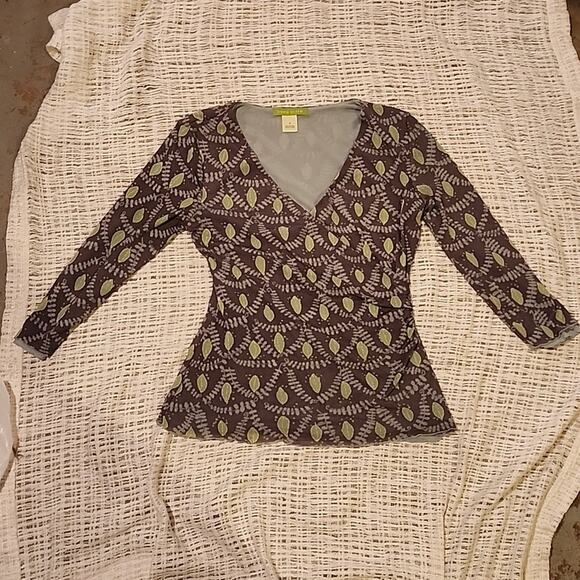 Vintage Sigrid Olsen faux wrap grey green leaves mesh long sleeve top size M - Picture 1 of 9